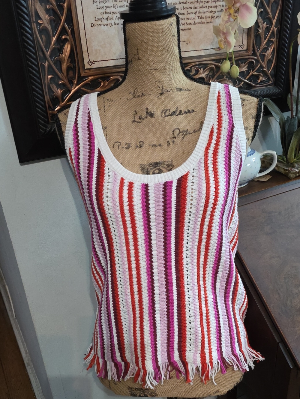 Ann Taylor Striped Crochet Tank Top in Pink, Red & White